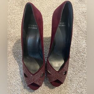 Stuart Weitzman Burgundy Studded Suede Block Platform Peep-Toe Heels